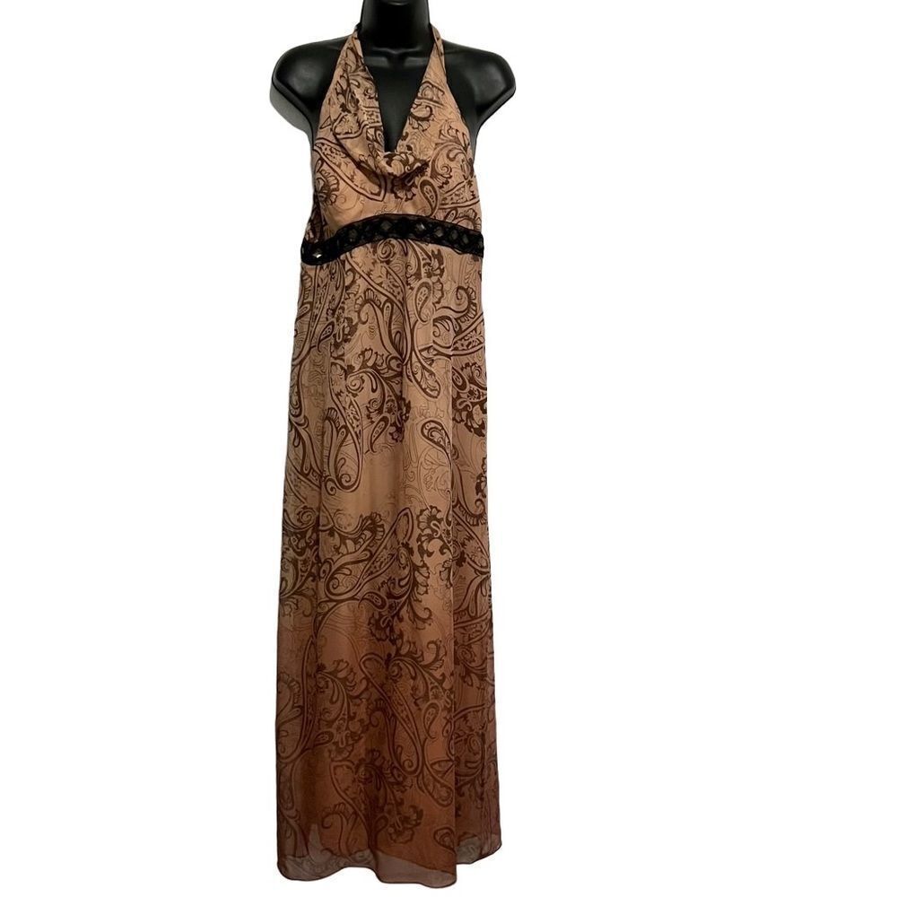 Adrianna Papell Beige Silk Chiffon Ombré Paisley Empire Halter Maxi Dress 10